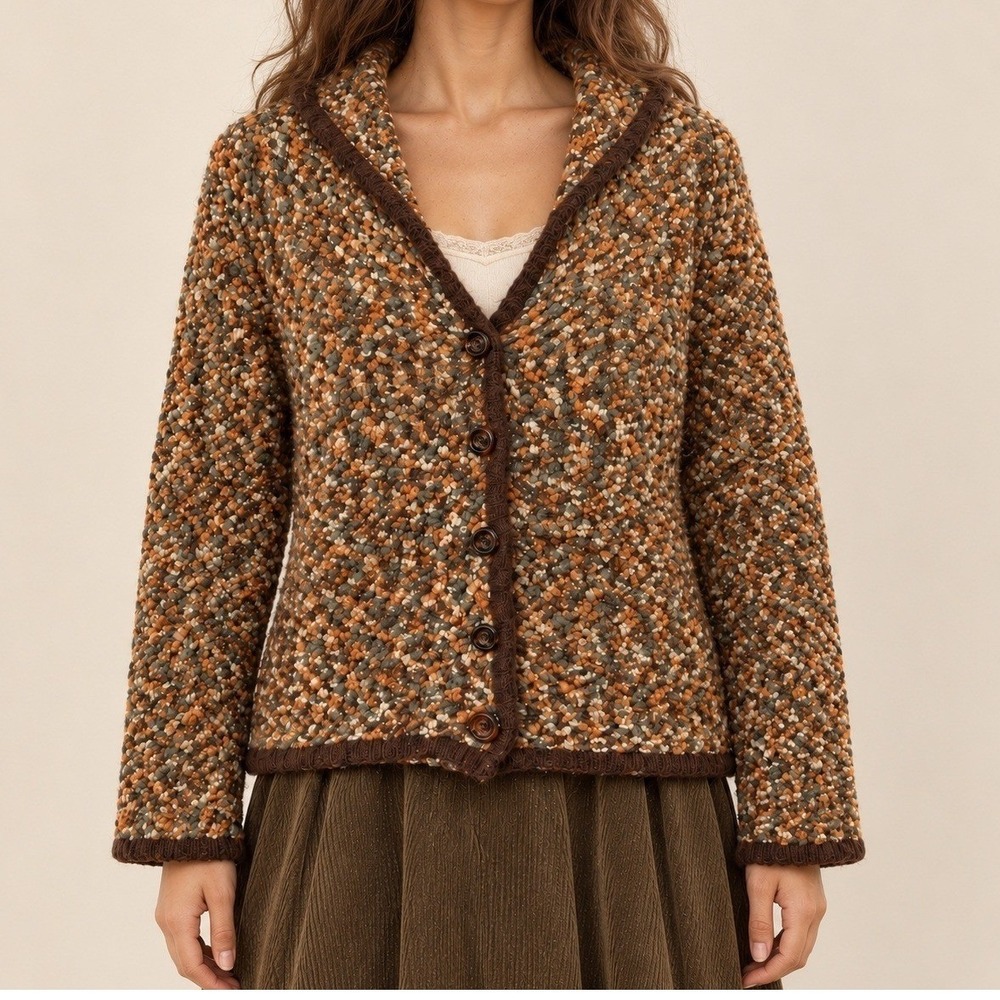 Brown Bouclé Knit Rolled Edge Cardigan Earthy Boho‎ Goblincore Cottagecore